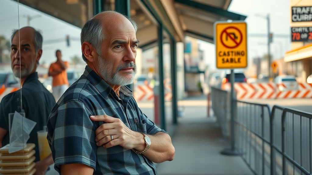 concerned Dallas small business owner at urban storefront with fewer customers, highway construction fencing, and traffic detour signs, highlighting Dallas highway construction