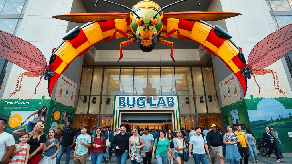 Crowds enter Bug Lab Exhibit Dallas under giant insect displays at Perot Museum.