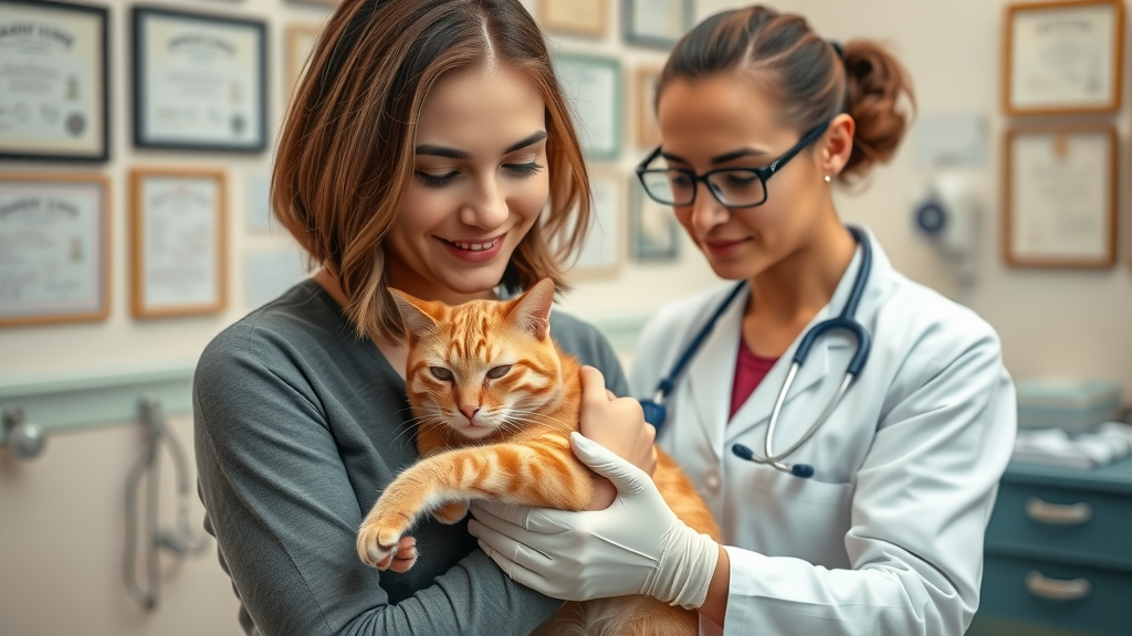 East Dallas veterinary clinic exam with caring vet and pet owner ensuring cat