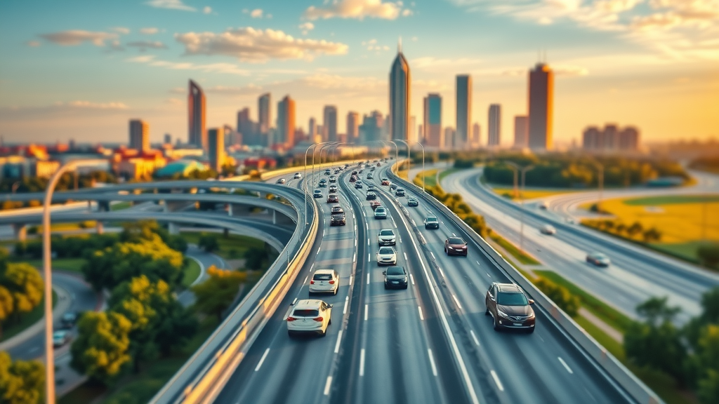 futuristic Dallas highway with streamlined traffic, green spaces, and city skyline, representing the optimistic future after Dallas highway construction.