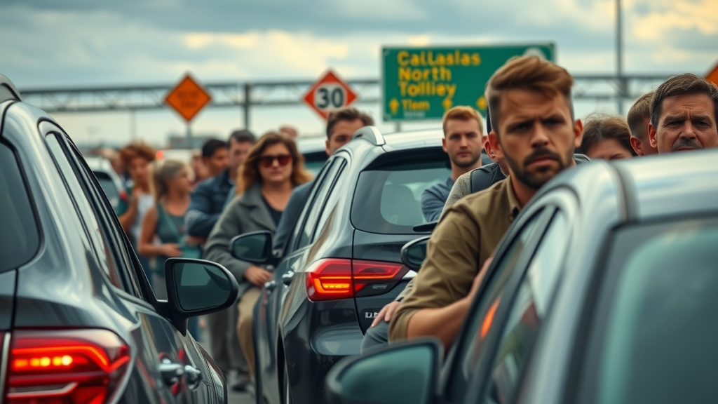 frustrated Dallas commuters stuck in traffic jam with visible construction barriers and signage on the Dallas North Tollway. Lane closures, tail lights glowing under a cloudy sky.