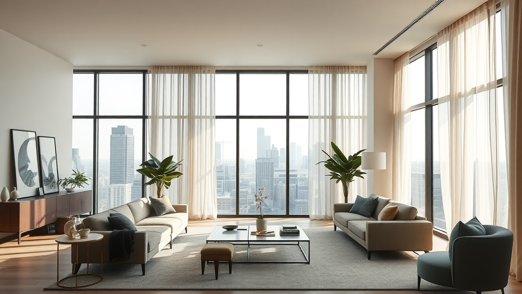 Dallas interior design living room with modern aesthetics and skyline view.