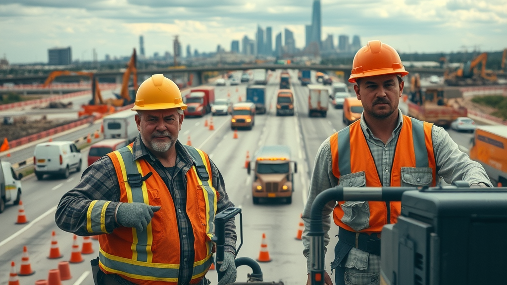 bustling Dallas highway construction scene with workers and heavy machinery near Dallas skyline, featuring orange cones and traffic detours. Dallas highway construction in natural daylight.
