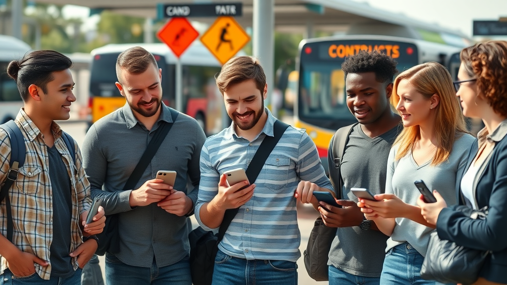 group of diverse Dallas commuters discussing alternate routes with smartphones near a bus stop, Dallas highway construction visible in background, optimistic faces.