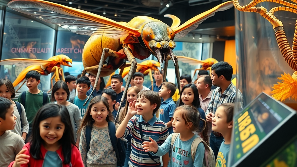 Families interact with giant bug models at Bug Lab Exhibit Dallas, Perot Museum.