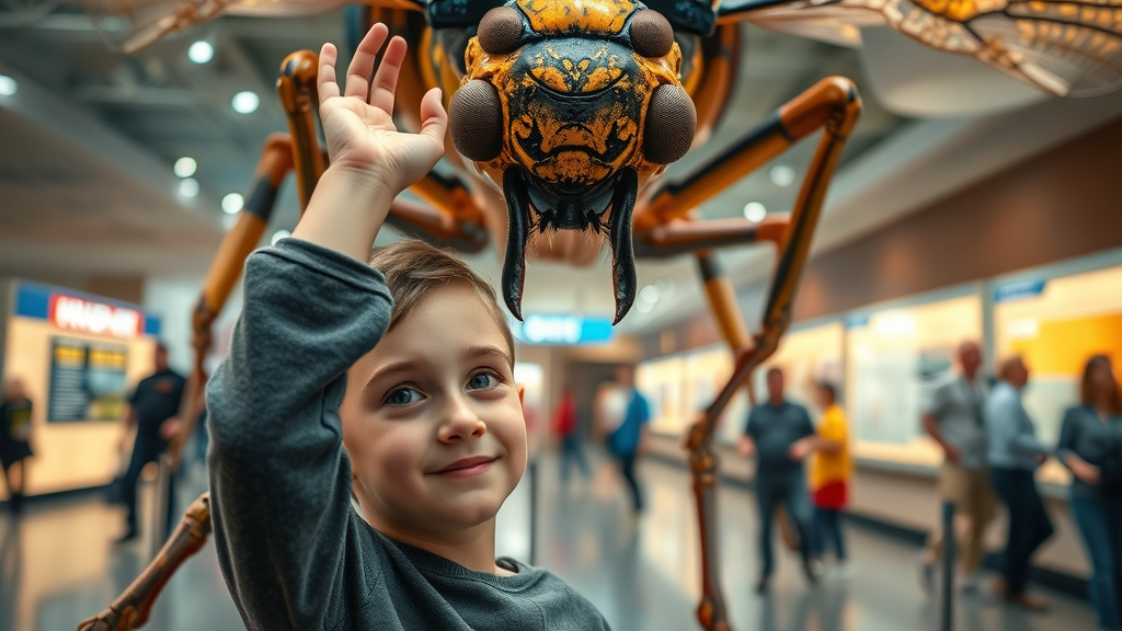 Child marvels at giant insect sculpture in Bug Lab Exhibit Dallas.