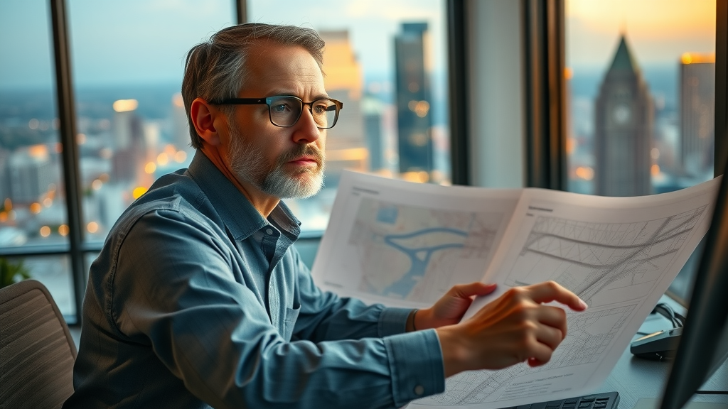 visionary city planner reviewing highway blueprints, thoughtful expression, office with Dallas cityscape, highlighting the scope of Dallas highway construction projects.